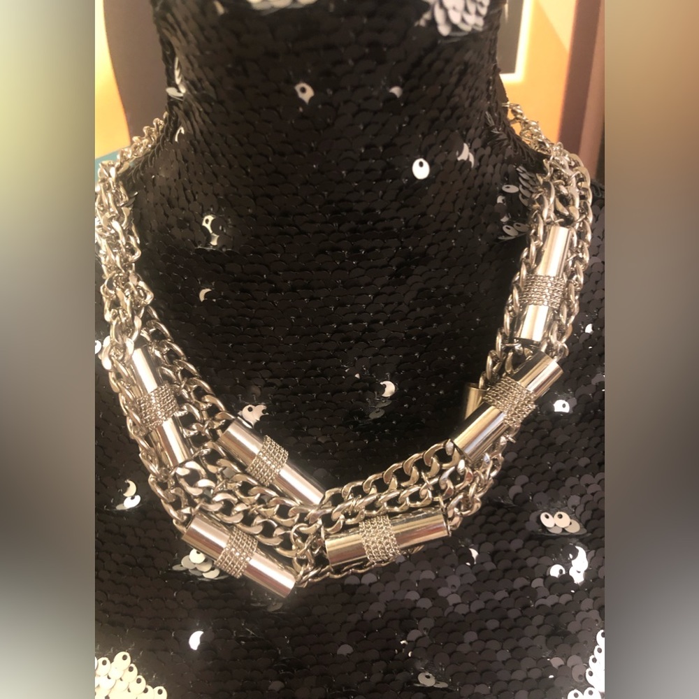 Steve Madden Statement Choker-Necklace Silver Multi-chain Bib Style (New!)